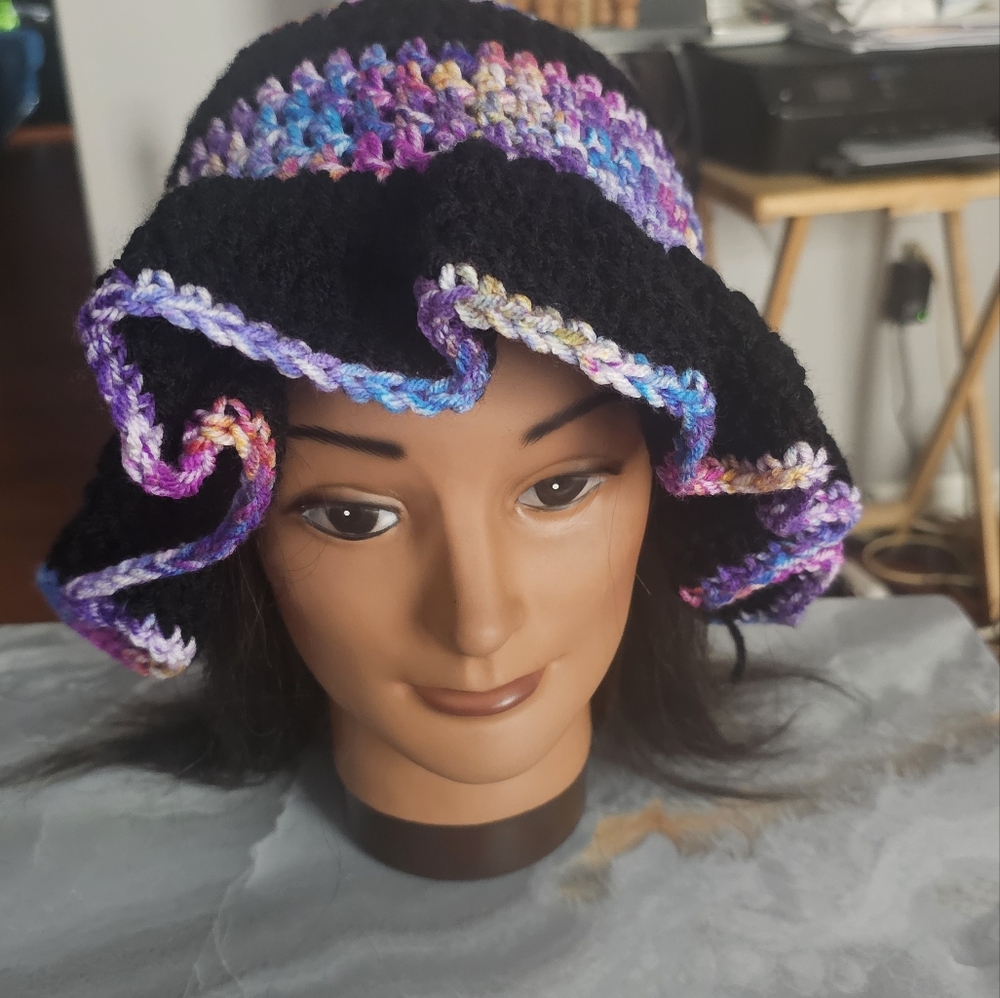 Crochet Purple multi and Black Ruffle Bucket Hat